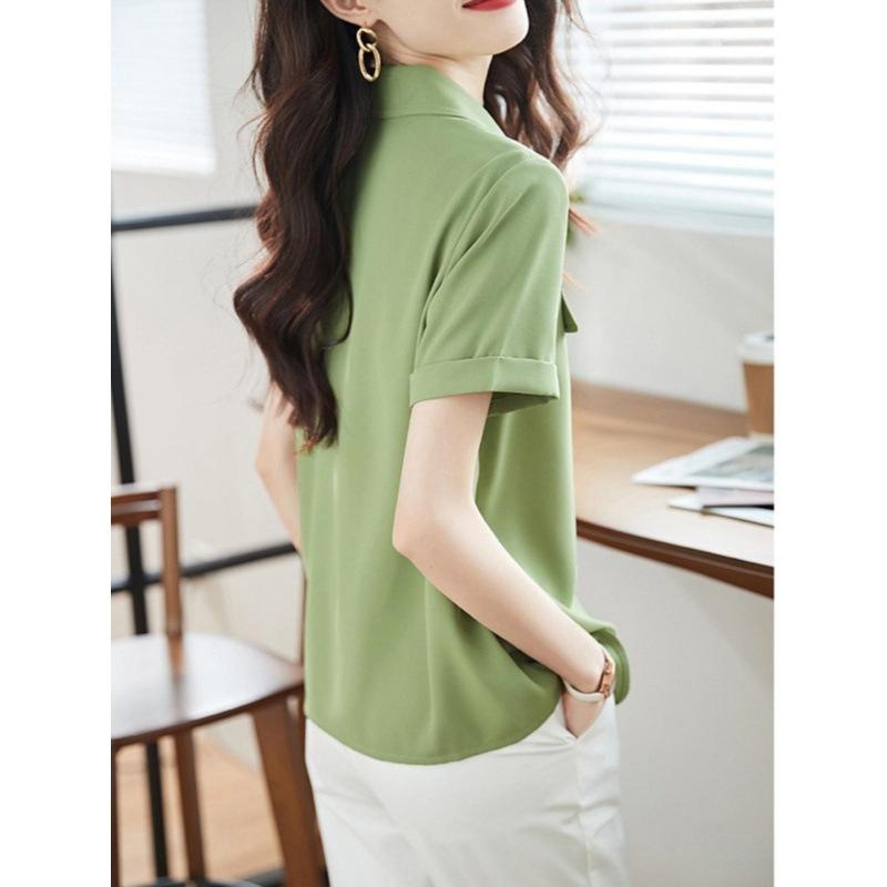 Ladies Summer Pure Color Temperament Short Sleeve Shirt Age Reducing Design Business Chiffon Top