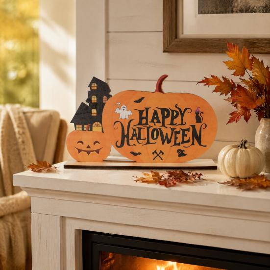 Halloween Home Festive Decor Wooden Table Sign, Cute Pumpkin Boo Ghost Solid Wood Sign Tabletop Centerpiece for Indoor Mantel Fireplace Smooth Holiday