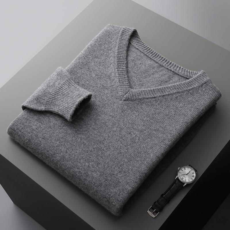 Men's Wool V-neck Sweater - Casual Loose Fit, Long Sleeve, Autumn/Winter Knitted Outerwear.