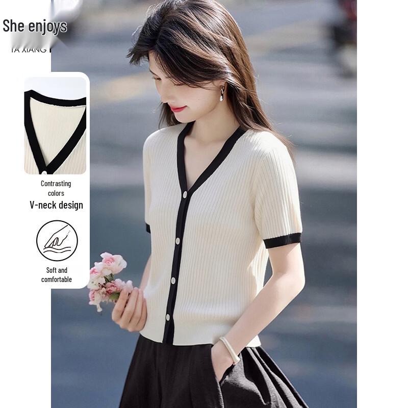 Women s Cropped Color Block V-Neck Knitted Short Sleeve Top L