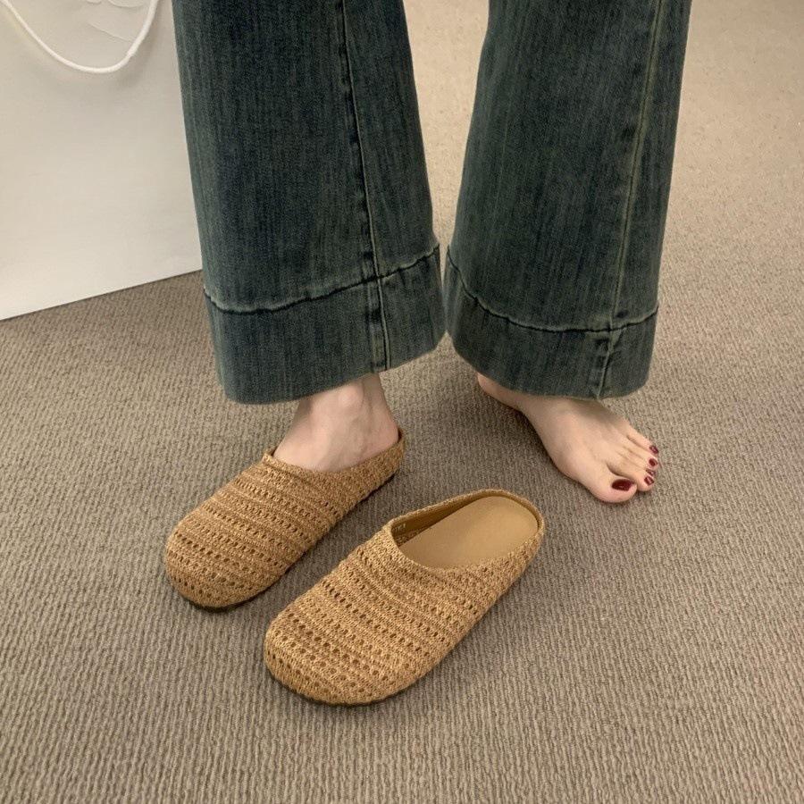 French Niche Hand-woven Hollow Breathable Bag Head Half Slippers Women's Summer Wear Roman Style Thick-soled Muller Shoes