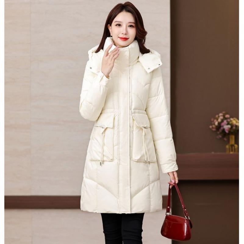 Winter Women Medium To Long Cotton Jacket Thickened Warm Casual Stand Collar Hooded Parker Coat Solid Color Warm Cotton Jacket