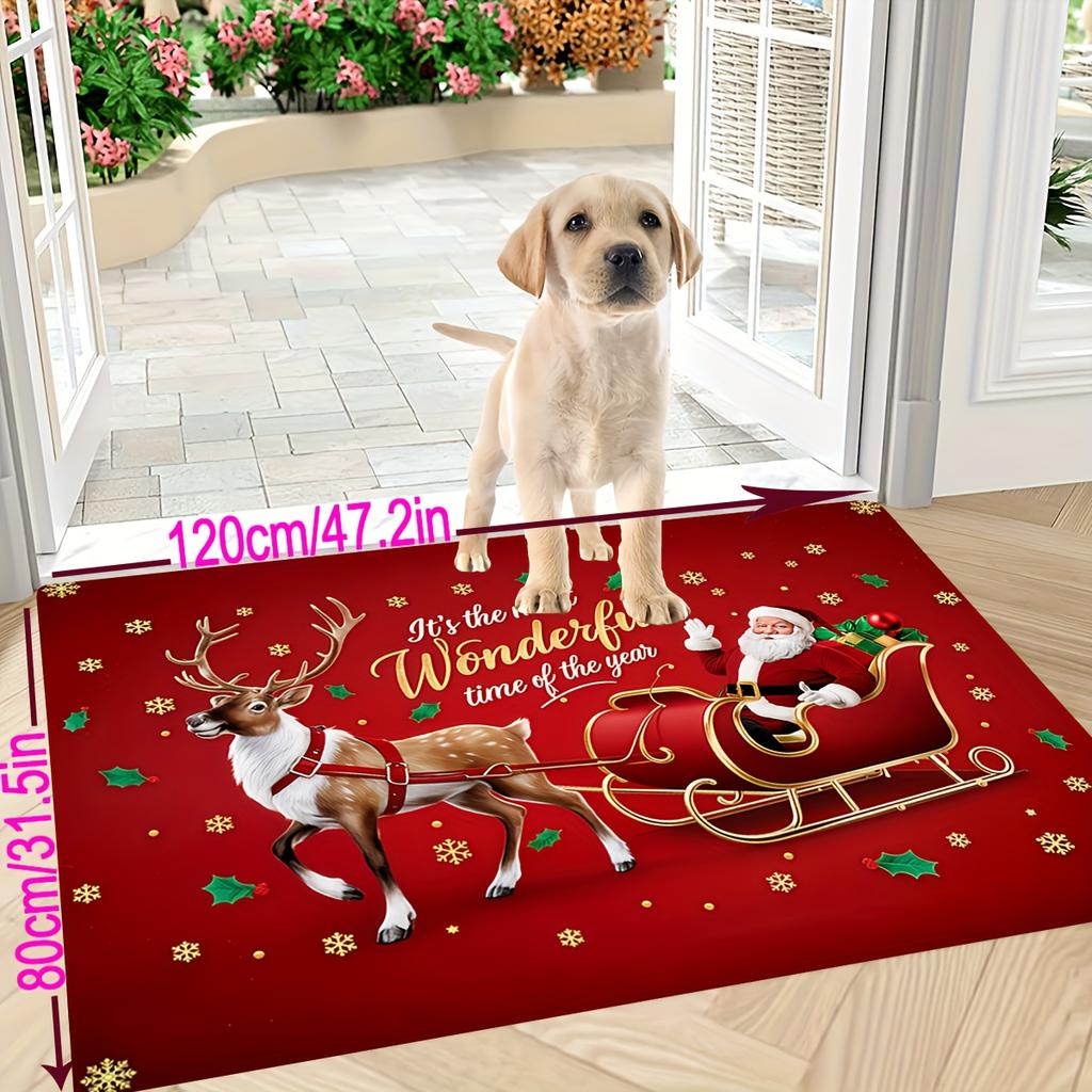 Non-Slip Christmas Slogan Doormat Washable Indoor Holiday Rug with Santa Reindeer Design for Front Door Decor