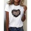 European Sizes Women'S Cute Leopard Heart Print T-Shirt, Short Sleeve Crew Neck, Geometric Pattern, Summer Casual Top for Ladies