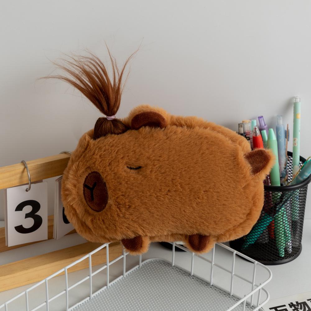 Frizzy Capybara Pencil Case - Large Capacity Desktop Stationery Bag for Students