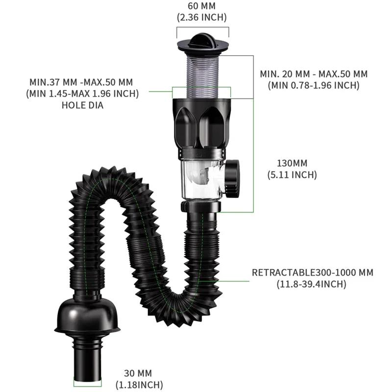 Ensemble de tuyaux de drainage anti-odeurs à couvercle rabattable pour évier de cuisine, filtre désodorisant rétractable, tuyau de descente flexible, anti-obstruction pour salle de bain