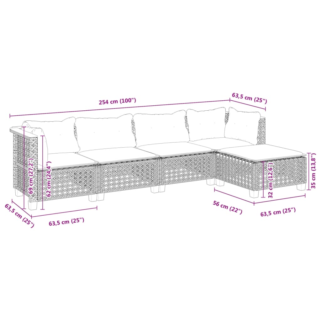 Vidaxl 5-Cz. Garden Lounge Set, Cushions, Black PE Rattan