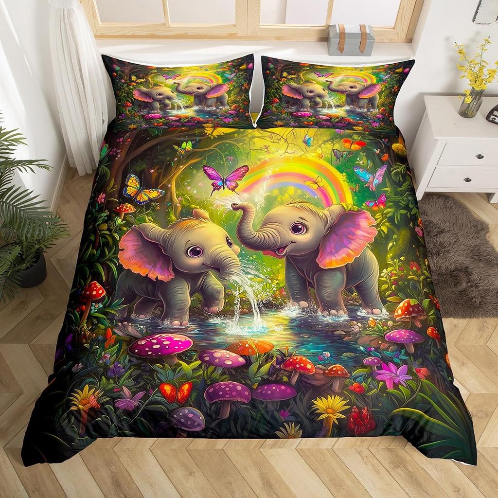 Conjunto de Cama Kawaii Elefante Solteiro King Sonhador Desenho Animado Animal Elefante Capa de Edredom Para Meninos Meninas Rústico Estilo Fazenda Capa de Edredom