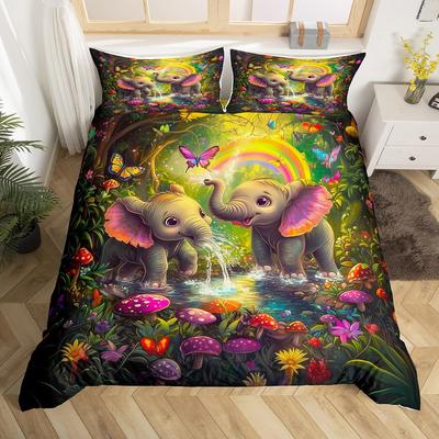 Kawaii Elephant Bedding Set Twin King Dreamy Cartoon Animal Elephant Duvet Cover For Boys Girls Rustic Farmstyle Comforter Cover