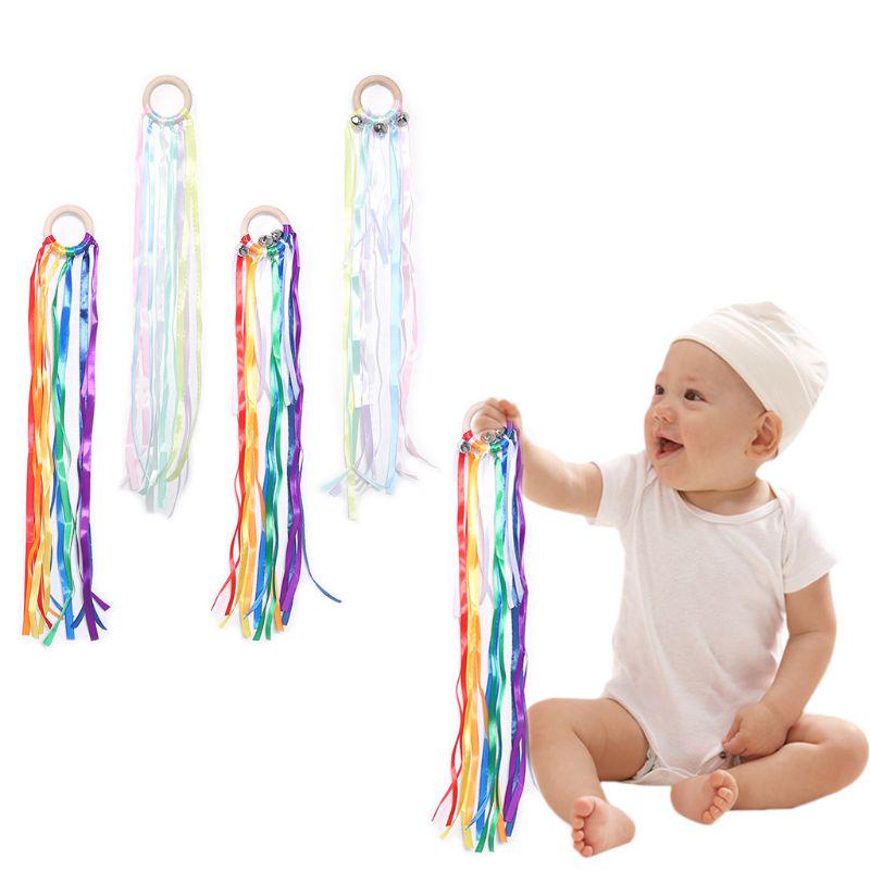 Rainbow Natural Wooden Ribbon Newborn Sensory Bell Toy Shower Gifts Dancing Prop