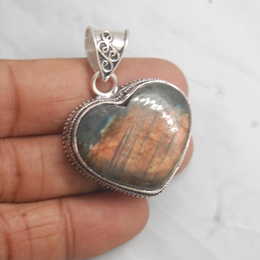 Heart Shape Red Blue Labradorite 925 Sterling Silver Pendant, Boho Style Labradorite Pendant Jewelry