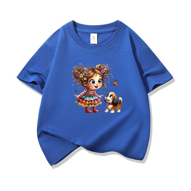 Kids Cotton T Shirt Girl Wear Colorful Dress With Puppy Dog Print Crew Neck Short Sleeve Tee Casual Boys Girls Summer Tops