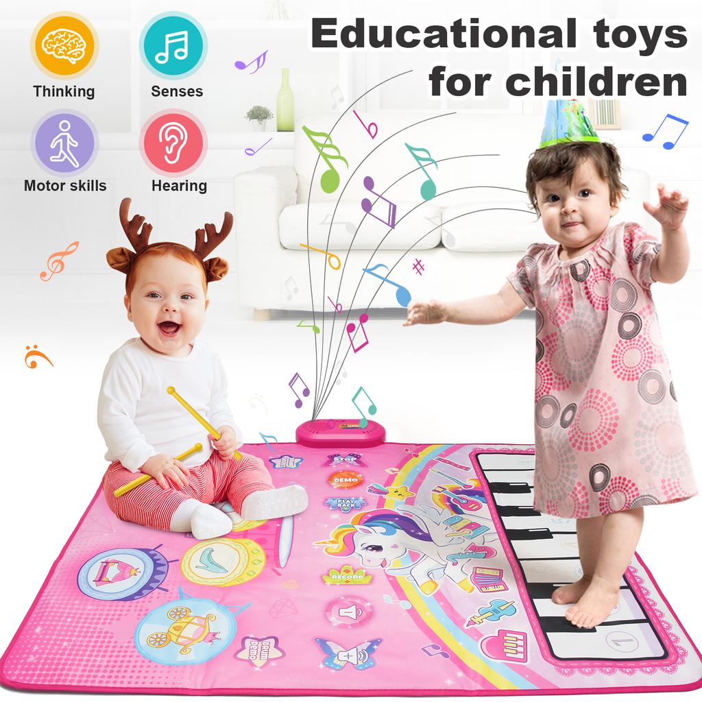 90x70cm Unicorn Music Mat Kid Toddler Mat Piano Keyboard and Drum 2 In 1 Toys Dance Mat 8 Instruments Sound Educational Toys