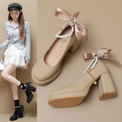 Spring New Mary Jane Shoes Women's College Style Thick Heel Pearl Versatile Word with Large Size Women's Shoes