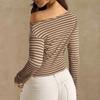 Damen Lässiges Gestreiftes Off-Shoulder Langarm T-Shirt Geripptes Strick Slim Fit Top Leichter Dehnbarer Stoff Bequem zu Tragen