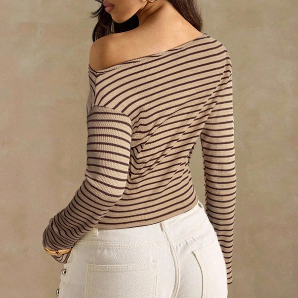 Damen Lässiges Gestreiftes Off-Shoulder Langarm T-Shirt Geripptes Strick Slim Fit Top Leichter Dehnbarer Stoff Bequem zu Tragen