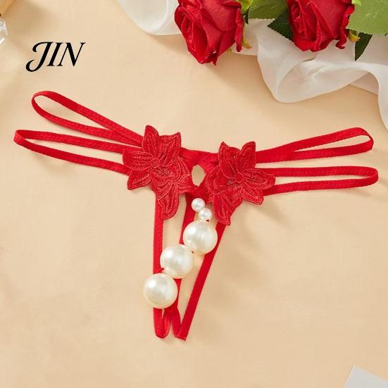 Open Crotch Thong Women's Sexy Faux Pearl G-String Thong, Low Waist Erotic Lace Embroidered Flower Underwear, Strappy Y-Back Stretch Panties Underwear