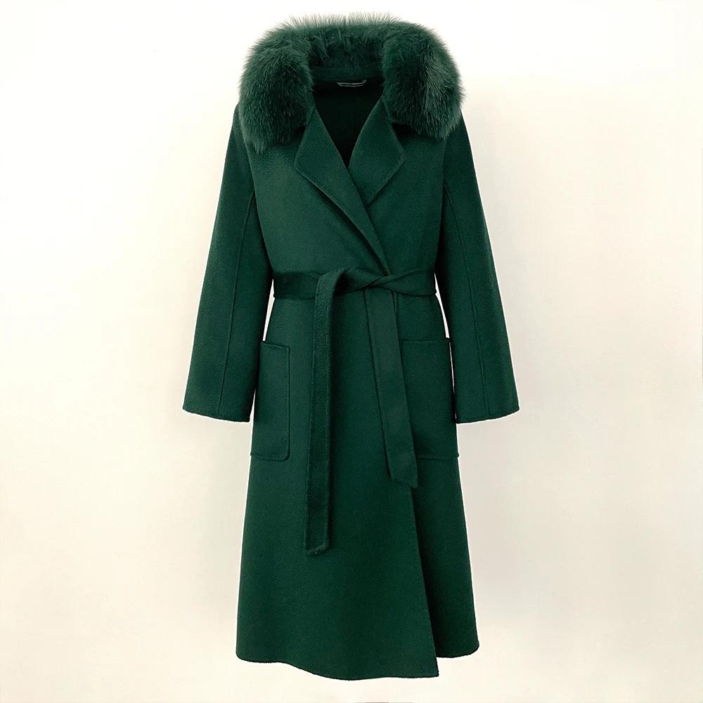 OFTBUY 2024 Autumn Winter Real Fox Fur Collar Water Ripple Double-Sided Woolen Coat Women Long Coat 100% Wool Removable Fur Collar