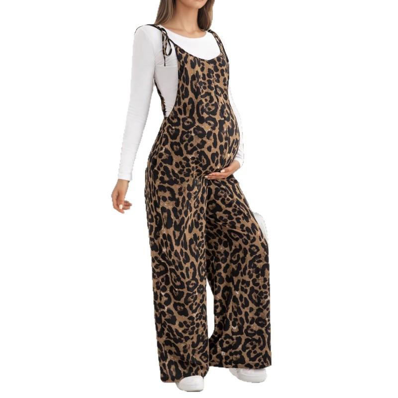 Maternity Leopard Print Adjustable Strap Wide Leg Jumpsuit Casual Comfortable Pregnancy Outfit