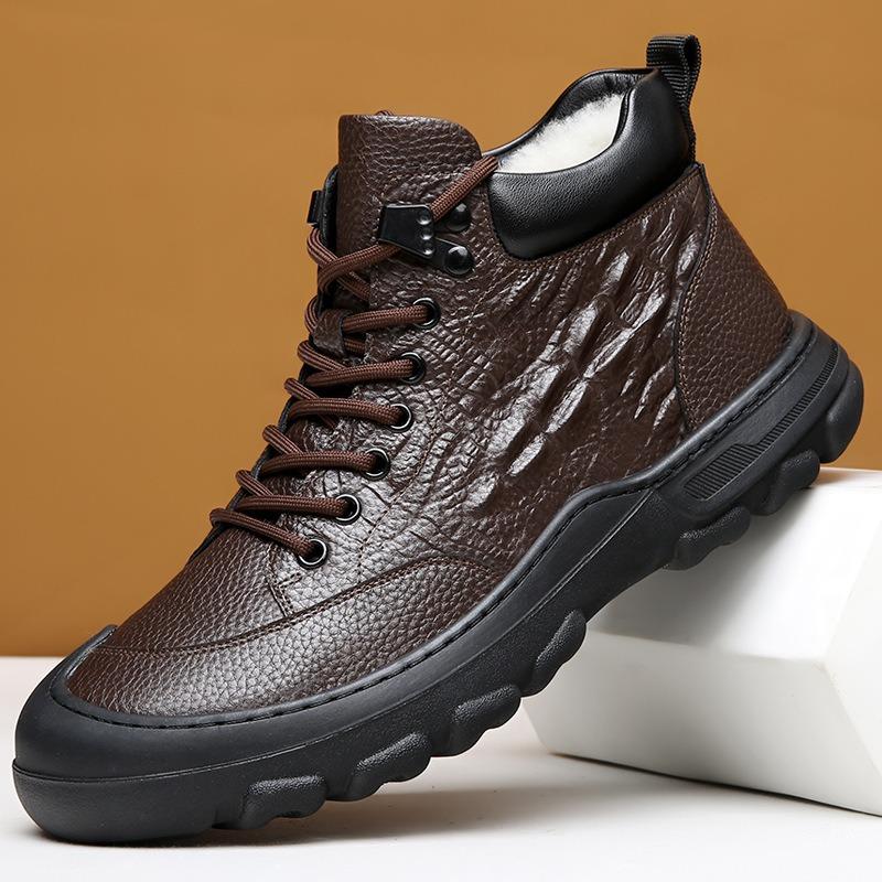 First layer cowhide cotton shoes men's winter velvet thickened middle-aged men's genuine leather high-top warm and non-slip dad cotton boots
