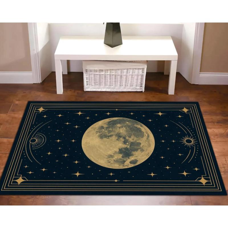 Mistyczny dywan Pełni Księżyca Ciemnoniebieski dywan ze złotym księżycem i gwiazdami Gotycki dywan wiedźmy Kosmiczny dywan do salonu o walorach estetycznych