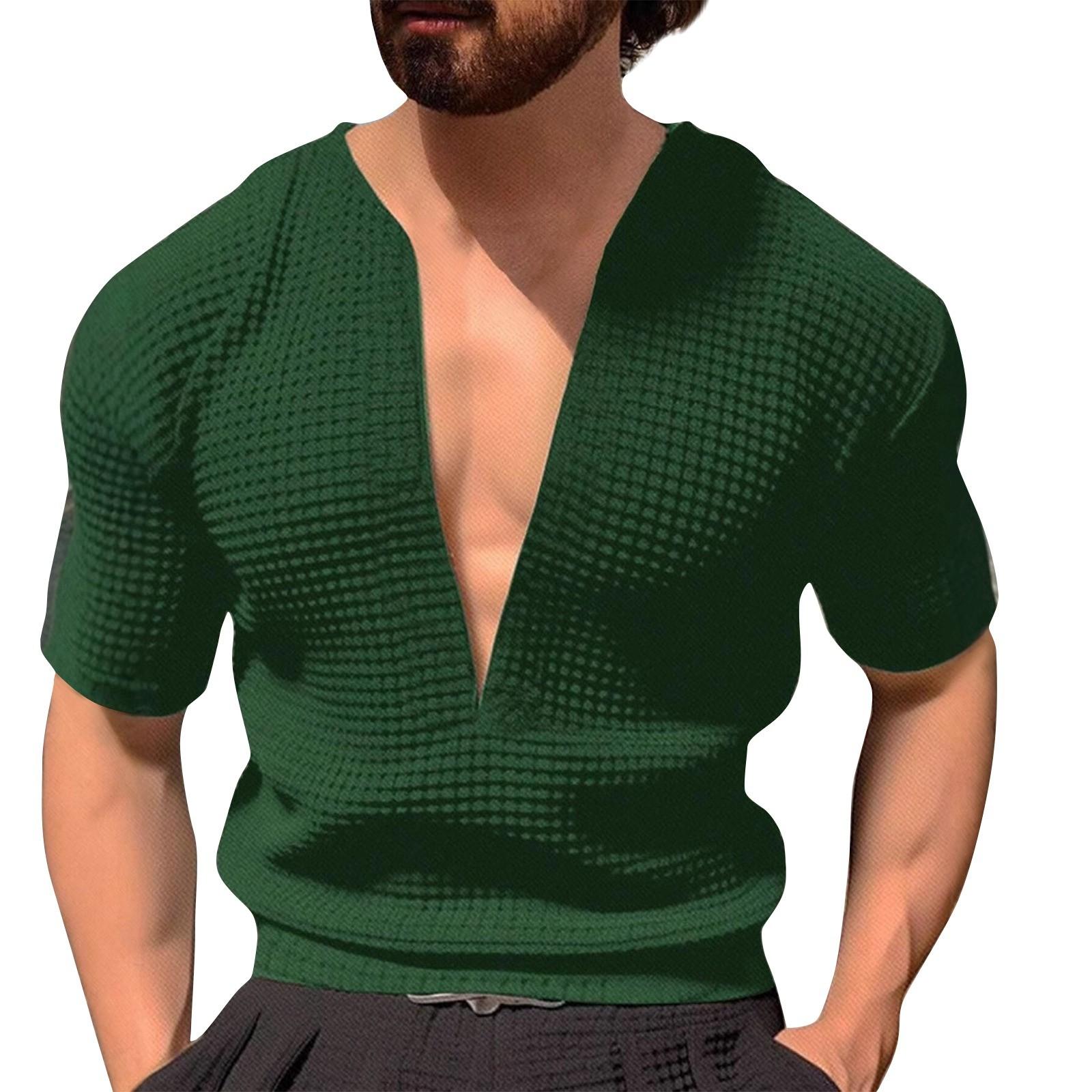 Мужские летние однотонные топы с V-образным вырезом и короткими рукавами, эластичные топы для мужчин, повседневные модные топы L армия зеленый