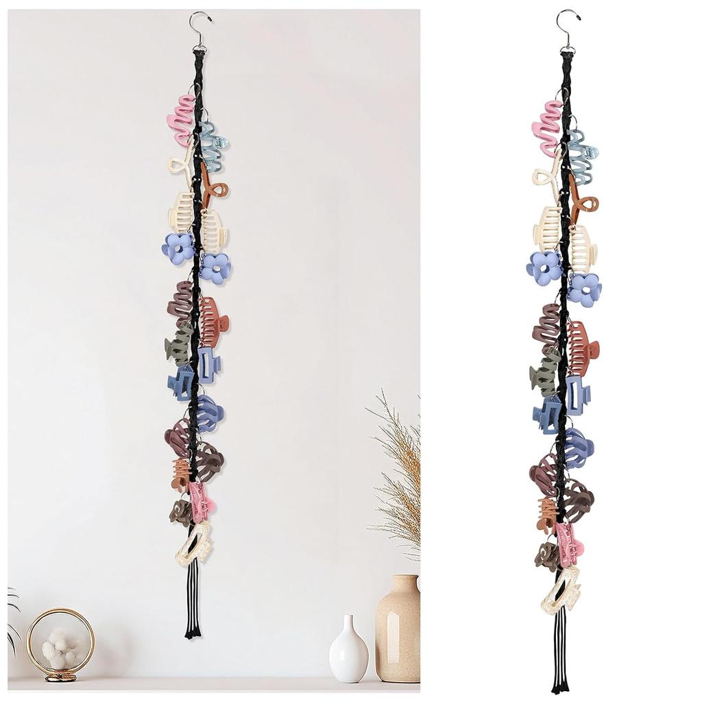 SNOWSTAR Macrame Hair Claw Clip Organizer with Rotating Hook and 20 Metal Rings,Hanging Hair Clip Holder and Storage for Women Girls,Claw Clips