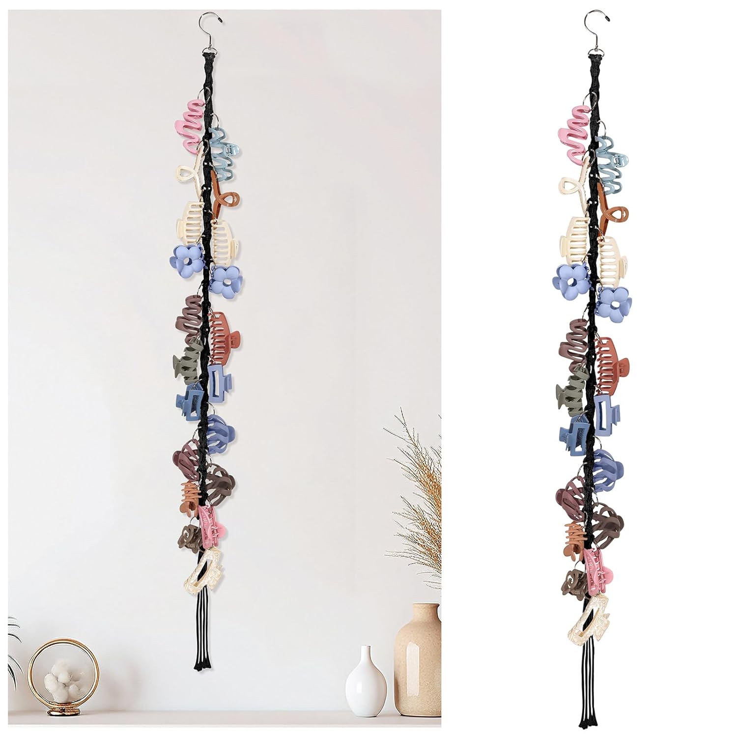 SNOWSTAR Macrame Hair Claw Clip Organizer with Rotating Hook and 20 Metal Rings,Hanging Hair Clip Holder and Storage for Women Girls,Claw Clips Black1PCS