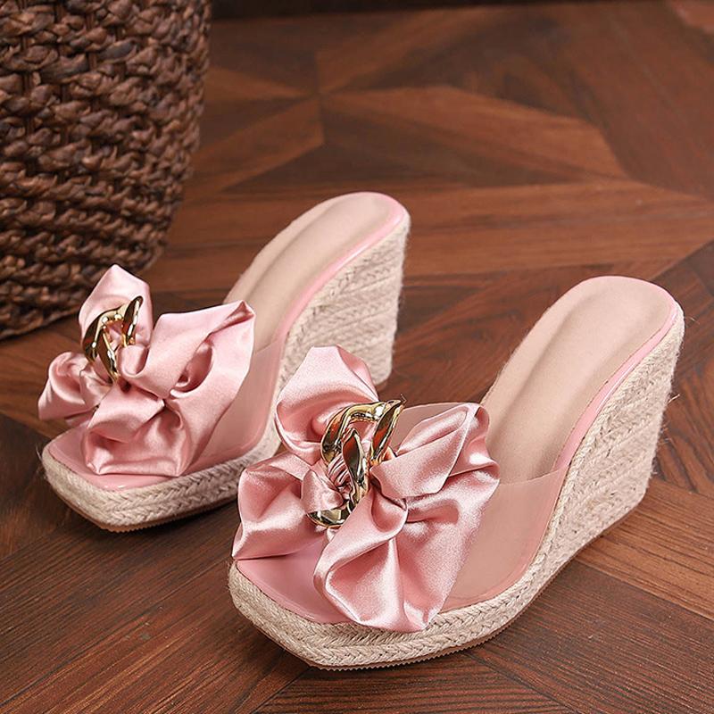 Fashion Liyke New Wedges Slippers For Women 2025 Summer Fashion Pink Butterfly-knot Designer Sandals Platform Heels Size 46 Female Shoes