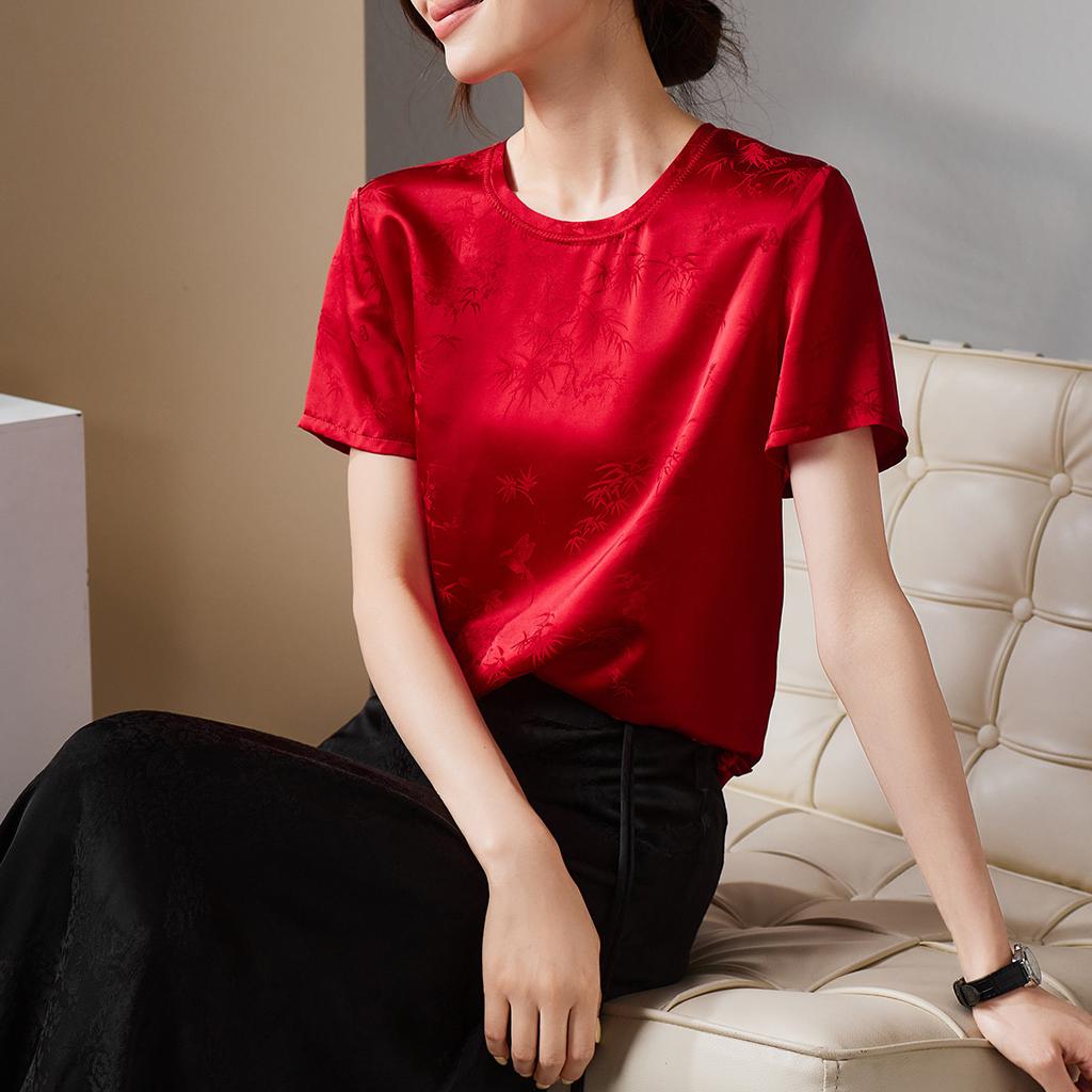 National Style New Chinese Jacquard Mulberry Silk Shirt for Women