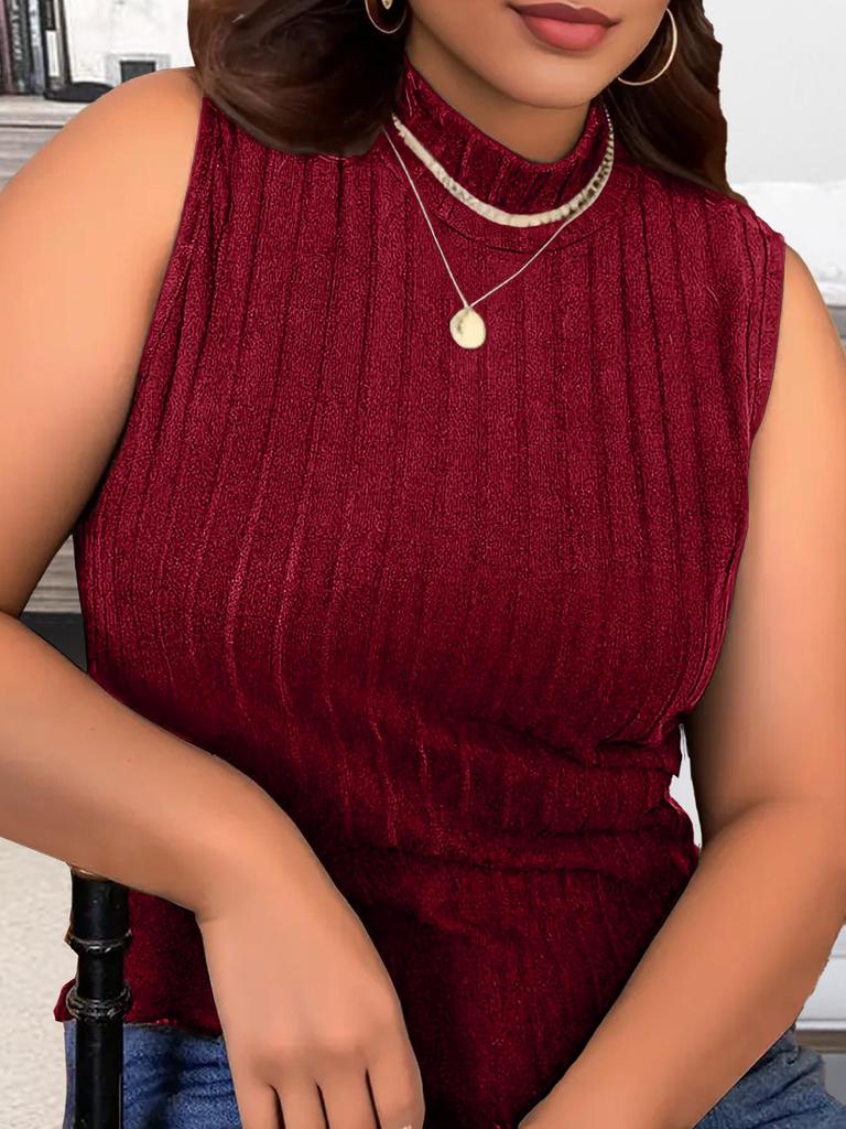 2026 Spring/Summer Plus Size Women's Knit Stretch Half High Neck Sleeveless Solid T-shirt
