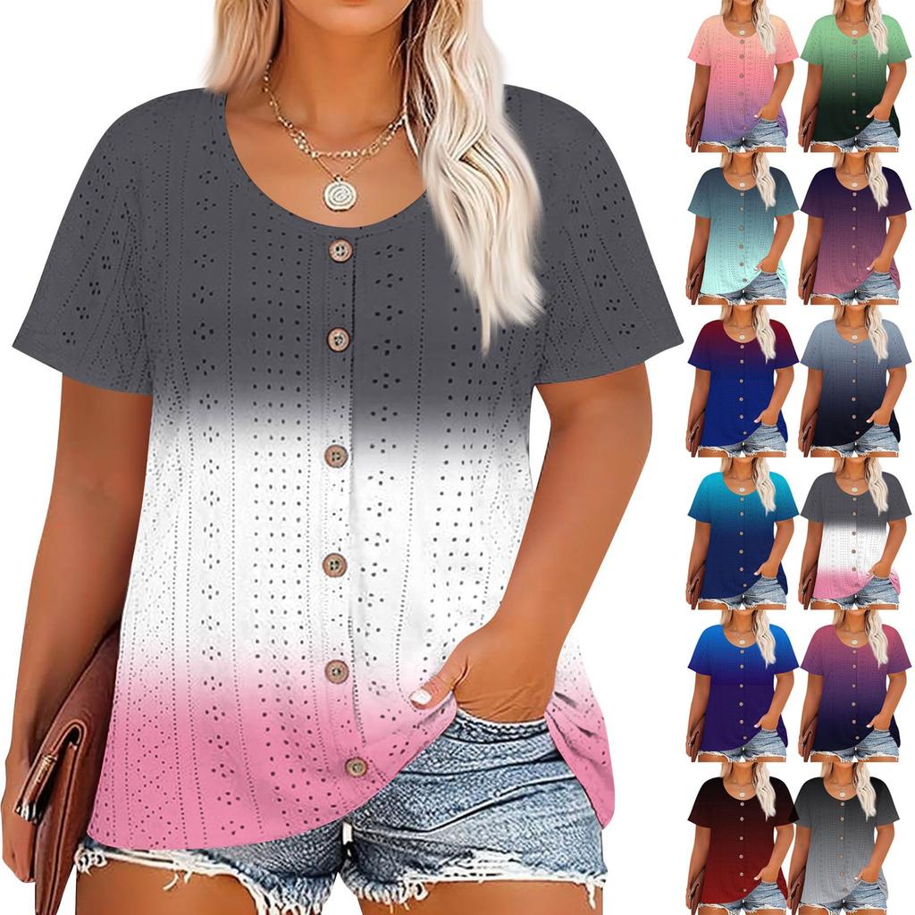 Plus Size Women's Fashion Casual Vintage Printed O-Neck Short Sleeve Button T-Shirt Top
