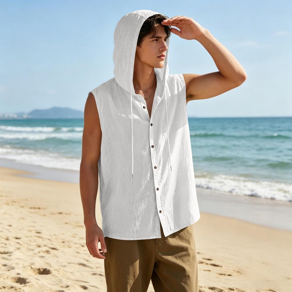 Mens Sleeveless Linen Hooded Shirt Button Down Breathable Relaxed Fit Casual Vest Top Lightweight Summer Apparel