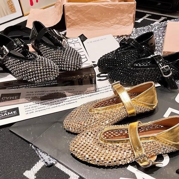 Soft leather version~ European rhinestones full of diamonds fishing nets hollowed out one word Mary Jane bag head flat sole single shoes bag head san
