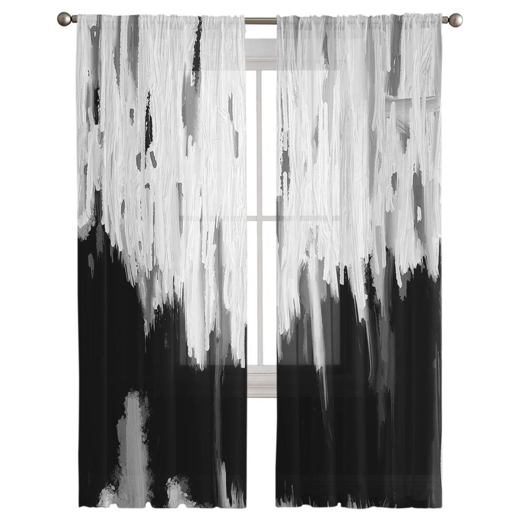 Black Oil Painting Abstract Texture Chiffon Sheer Curtains for Living Room Bedroom Decoration Window Tulle Curtains Drapes