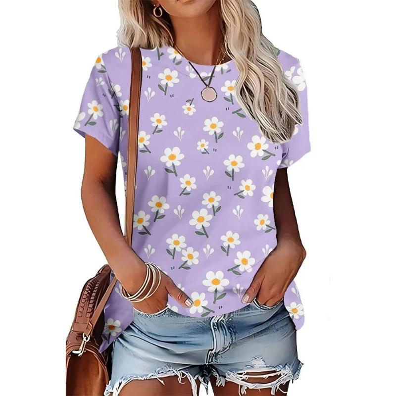 Moda para Mujer Cuello Redondo Manga Corta 3D Casual Estampado a Color Camiseta Casual de Manga Corta con Cuello Redondo