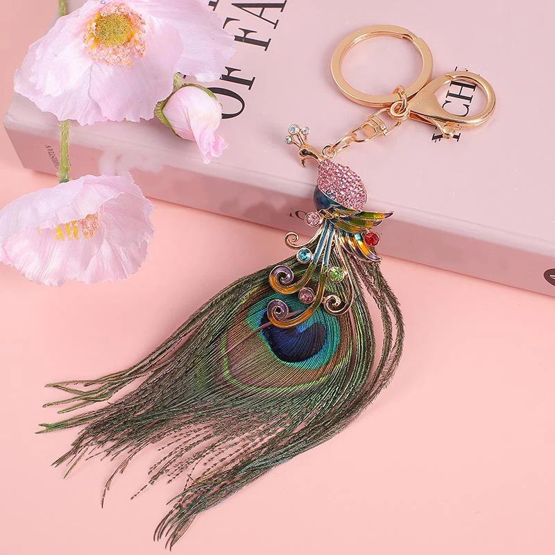 Porte-clés Plume de Paon Strass Brillant Fermoir Anti-rouille Pendentif Mode pour Sac Décoration de Clé de Voiture Portable pour Filles