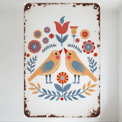 Vintage Rustic Metal Tin Sign Folk Art Birds Flowers Design White Background with Rusty Edges for Home Bar Cafe Wall Decor