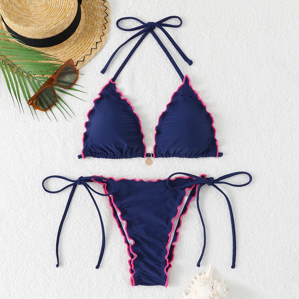 Women Nylon Split Bikini, Solid Color Lace Trim Sexy Two Piece Swimsuit Summer Beach Ladies Swimwear