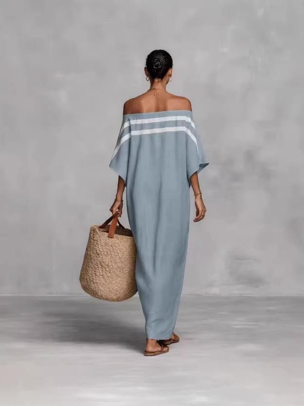 Vestido largo casual de hombros descubiertos con bloques de color 2026 para vacaciones