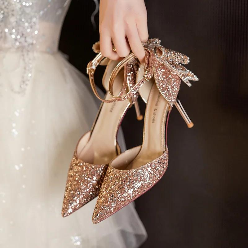 Sexy Black Swan Crystal Fine Heels Women's Flat Shoes Pointed Tip Bow Decorated Single Shoes Summer Season