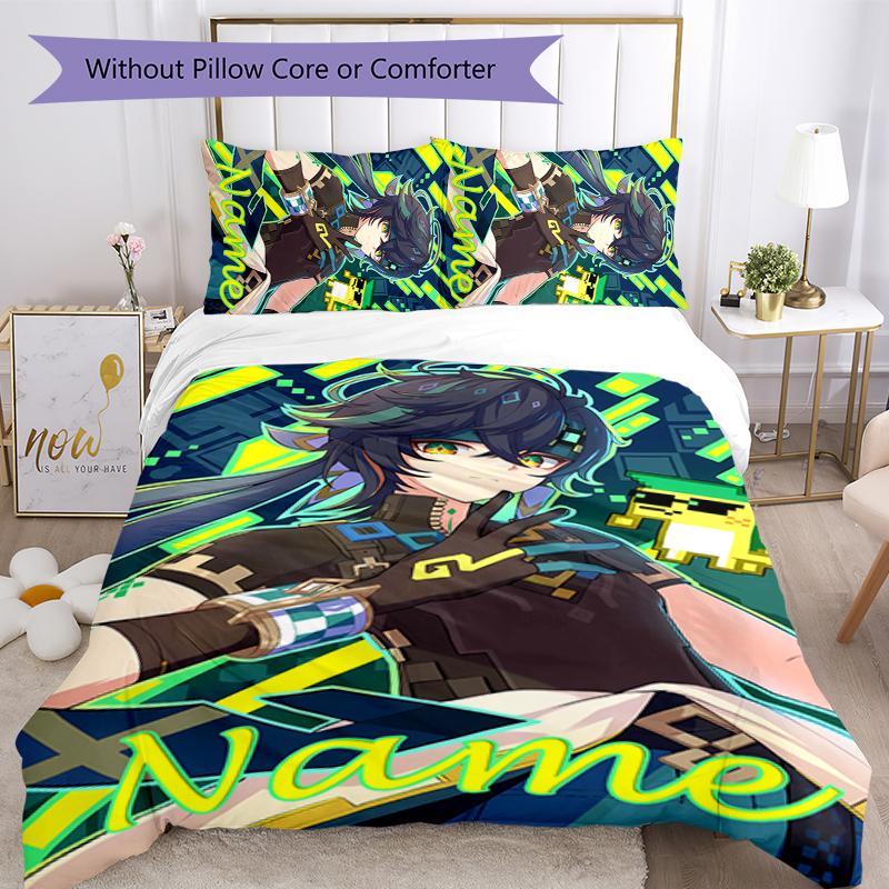 Juego de Ropa de Cama con Nombre Personalizado de Personajes de Genshin Impact de 3 Piezas Funda Nórdica con Cierre Incluye 1 Funda Nórdica y 2 Fundas de Almohada para Todas las Estaciones Decoración de Dormitorio