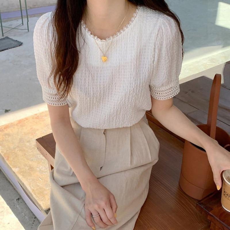 Women's Fashion Casual Summer Spring Solid Color Print Short Sleeve O-Neck Blouses & Shirts