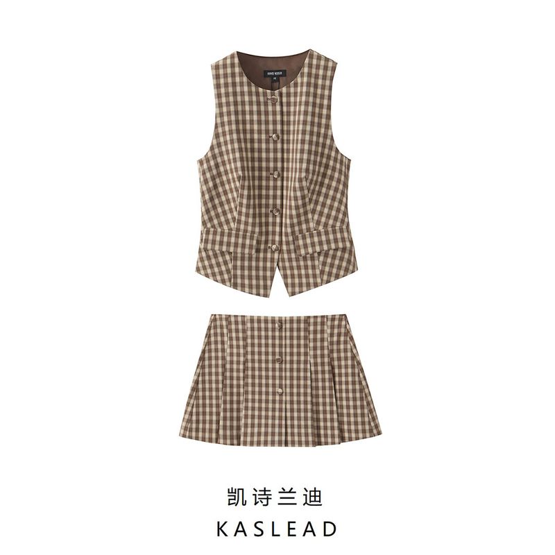 Kaslead New Arrival Women's Clothing Fashion Style Gingham Vest Style Tops Short Pantskirt 4749824 5427400
