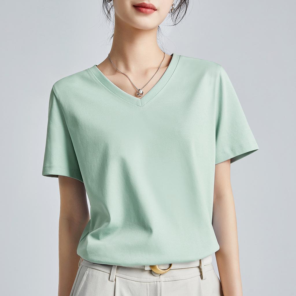 High-quality mercerized cotton women's short-sleeved new loose inner and outer wear round neck liquid ammonia bottoming shirt