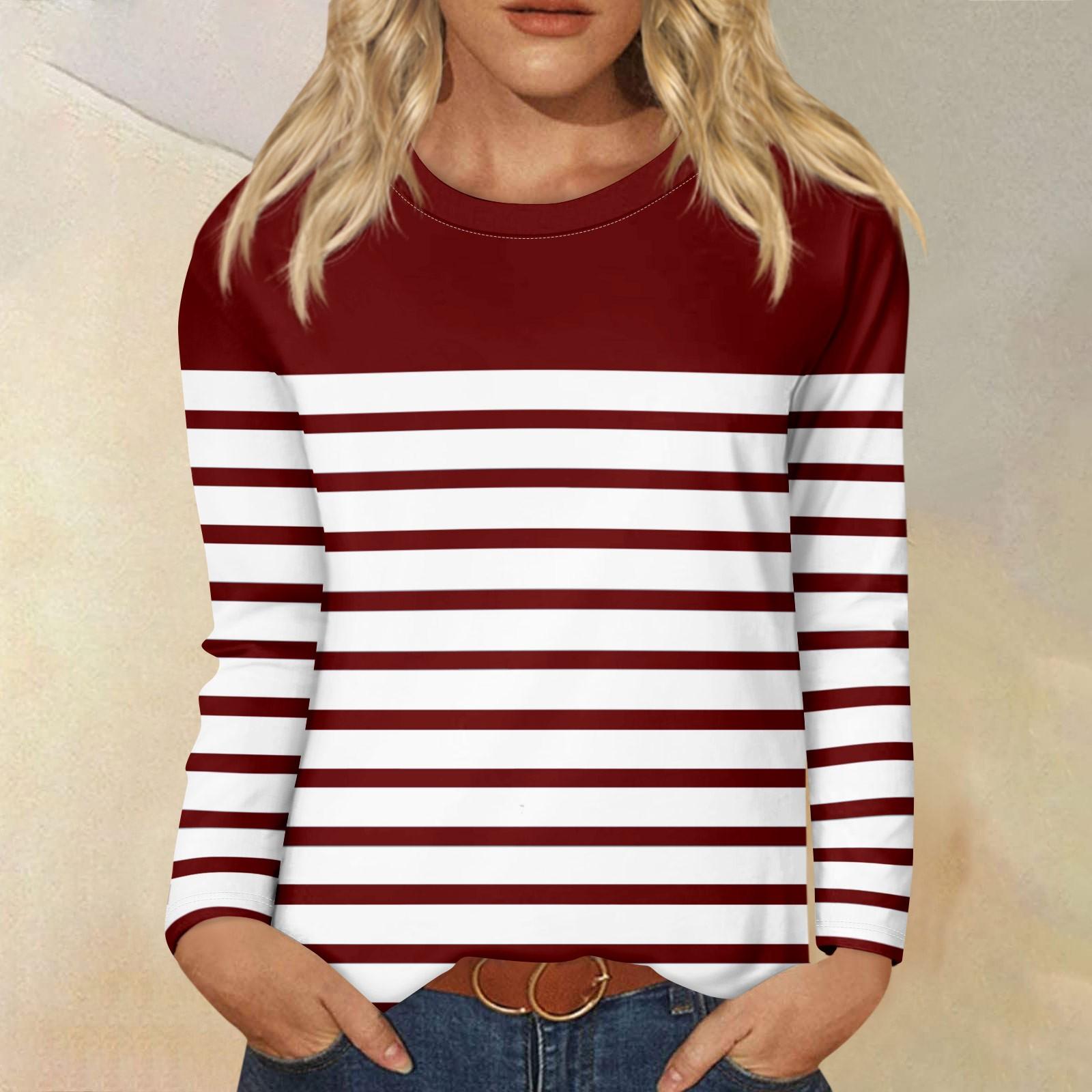 

Рубашки с длинным рукавом для женщин, футболки в полоску с графическим принтом, блузки, повседневные базовые топы больших размеров, пуловеры L винный