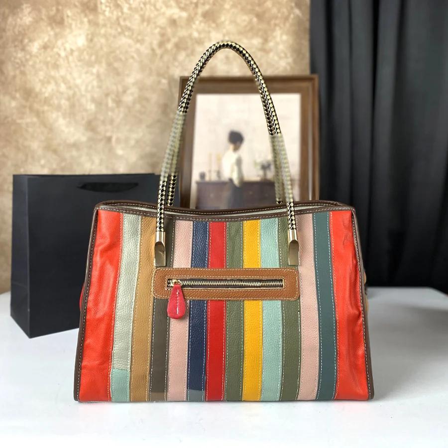 New Tote Women'S Handbag, Large Capacity Genuine Leather Flower Shoulder Bag, Cowhide Commuting Crossbody Bag