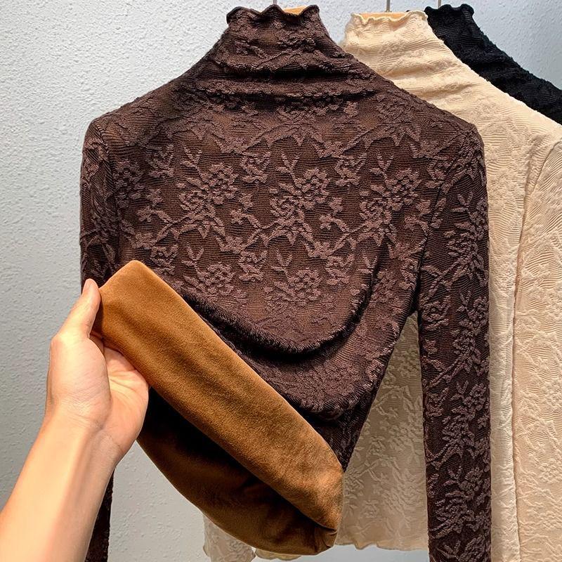 Women's Plus Size Velvet Lace Bottoming Shirt - Warm Half High Collar Mesh Top for Autumn/Winter 2024