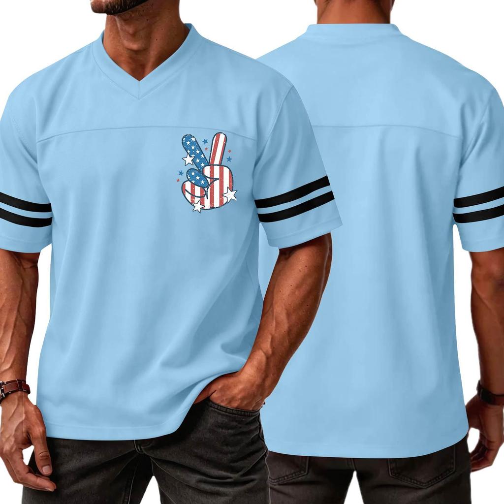 Men V Neck Casual Short Sleeve Jersey Shirt with Independence Day Print and Striped Sleeves for Sports and Wear