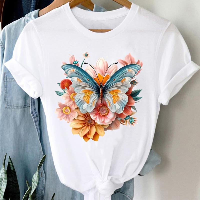 (Asian Size)  Short Sleeve T Shirt trend butterfly lovely cute Women Tee Top Clothing Casual Fashion Print Lady Female Graphic T-shirts